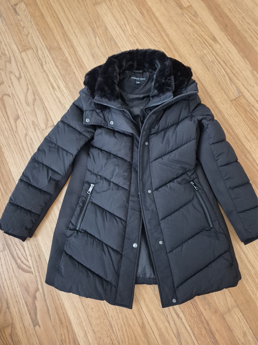 Andrew Marc Black Quilted Puffer Coat with Faux Fur Collar